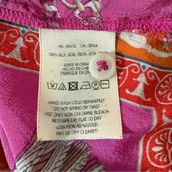 Maeve Anthropologie Potala Blouse Sz 8 Pink Orange Scarf Print Silk Button Up - Picture 10 of 12
